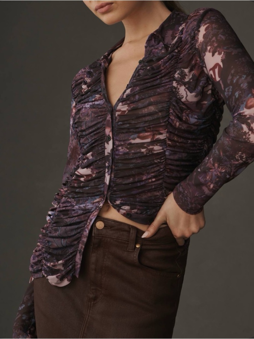 Anthropologie Pilcro Purple Mesh Crinkle Button Up Long Sleeve Shirt Top, S